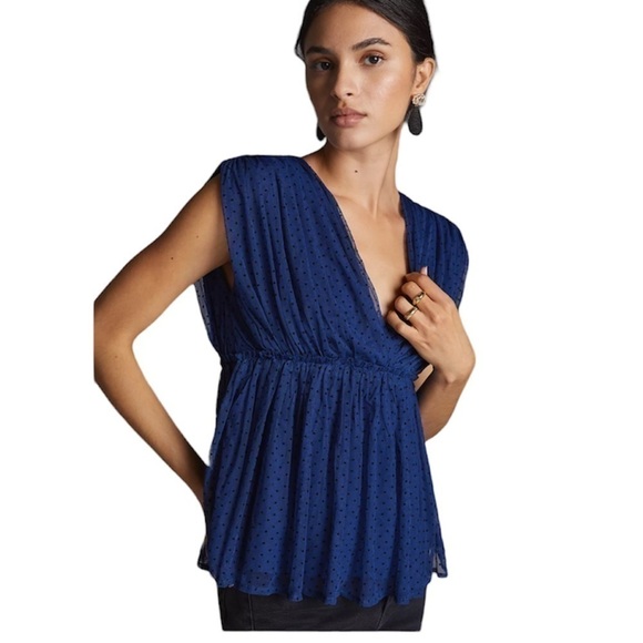 Anthropologie V-neck Navy Tulle Blouse Medium - Picture 2 of 4